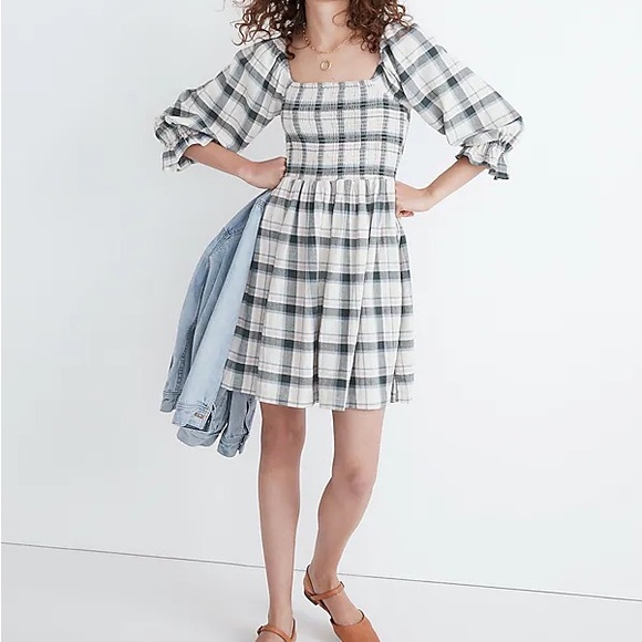 | madewell • lucie elbow sleeve smocked plaid mini dress • medium | - Picture 1 of 5